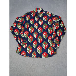 Men's XIMIWUA Casual Button Down Shirt M Navy Red Geometric